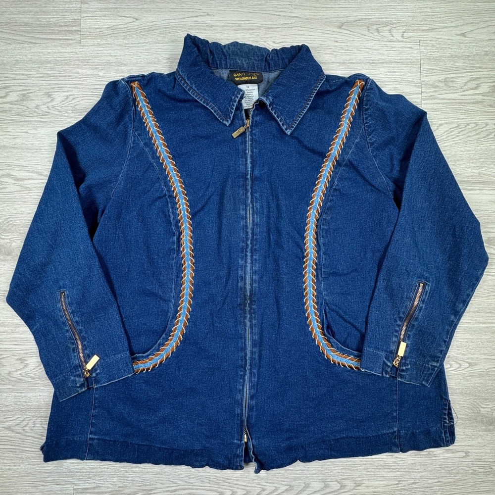 Bob Mackie Women's‎ Denim Jacket Wearable Art Blue 1X Western Embroidered Zip Up